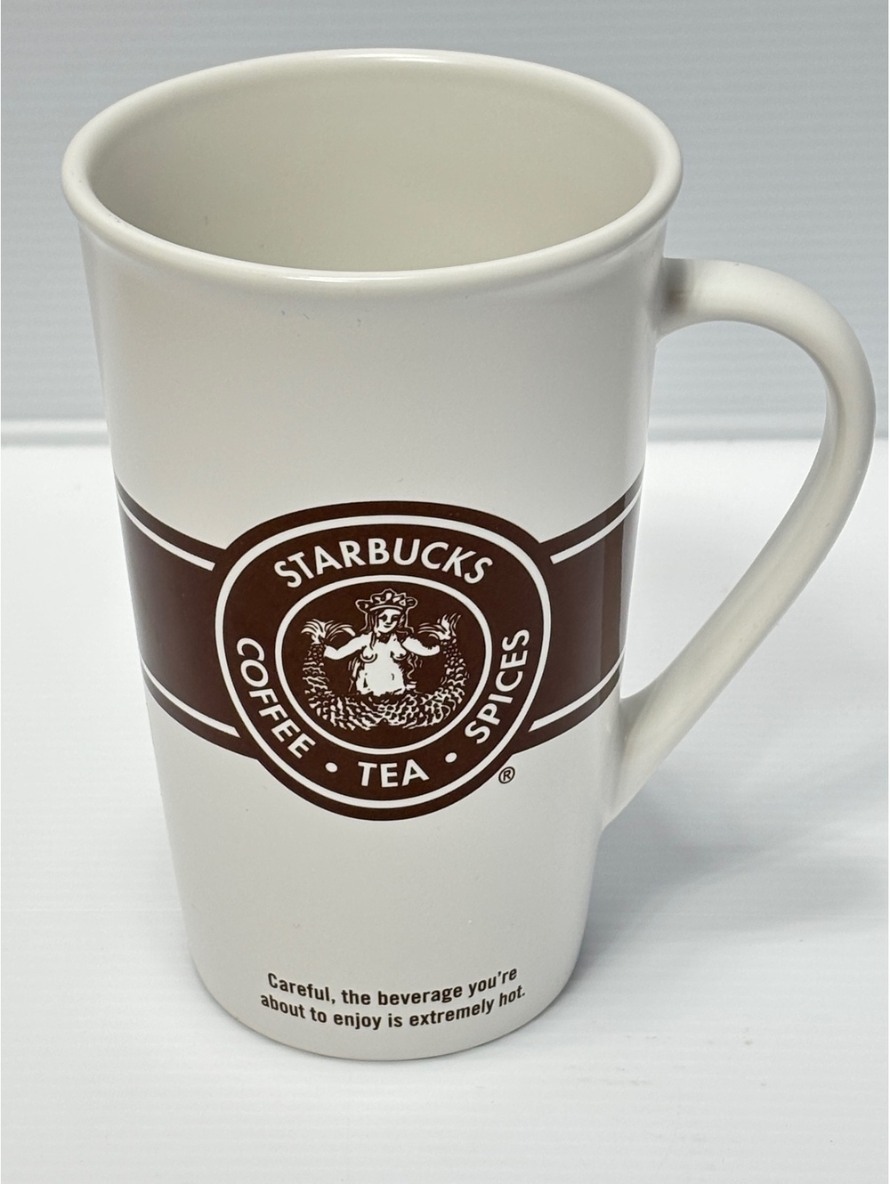 Vintage Starbucks Ceramic Coffee Mug with Classic Logo and Brown Band, Tall 16oz
